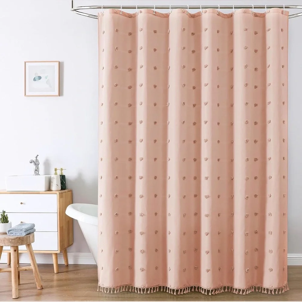 Water-Resistant Blush Pink Shower Curtain with Tassel Detail